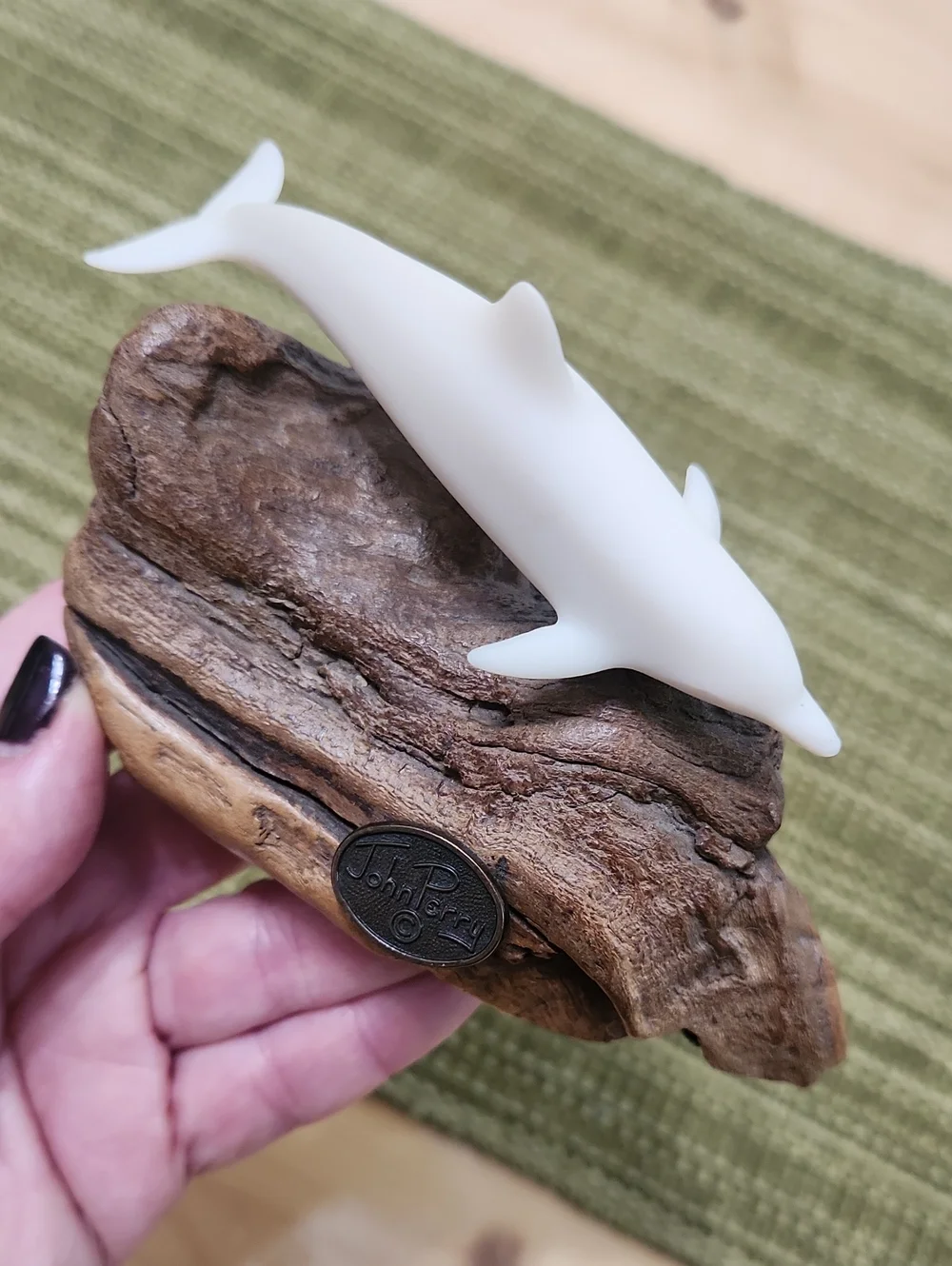John Perry Dolphin Burlwood Sculpture Signed Beach Ocean Sealife